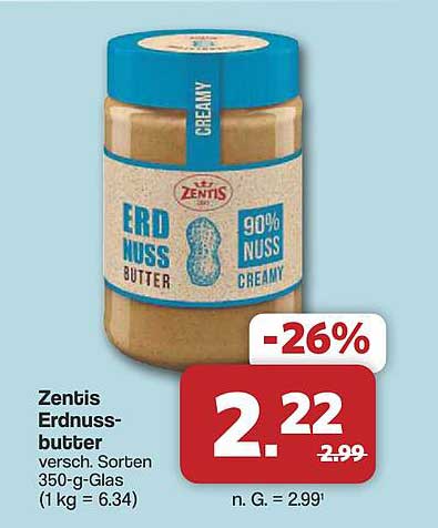 Zentis Erdnussbutter versch. Sorten 350-g-Glas (1 kg = 6.34)