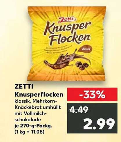 ZETTI Knusperflocken klassik, Mehrkorn-Knäckebrot umhüllt mit Vollmilch-schokolade je 270-g-Pack. (1 kg = 11.08)