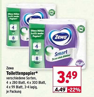 Zewa Toilettenpapier* verschiedene Sorten, 4 x 280 Blatt, 4 x 300 Blatt, 4 x 99 Blatt, 3-4 lagig, je Packung