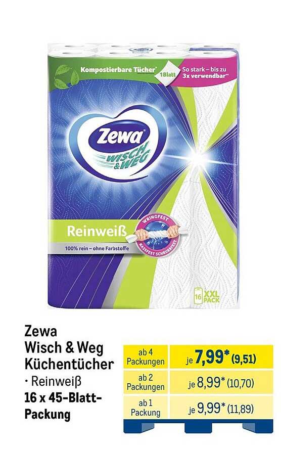 Zewa Wisch & Weg Küchentücher • Reinweiß 16 x 45-Blatt-Packung