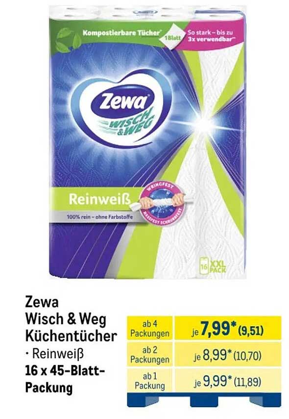 Zewa Wisch & Weg Küchentücher · Reinweiß · 16 x 45-Blatt-Packung