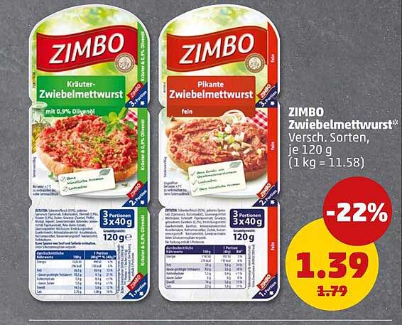 ZIMBO Zwiebelmettwurst versch. Sorten, je 120 g (1 kg = 11.58)