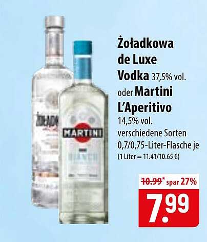 Żołądkowa de Luxe Vodka 37,5% vol. oder Martini L’Aperitivo 14,5% vol. verschiedene Sorten 0,7/0,75-Liter-Flasche je