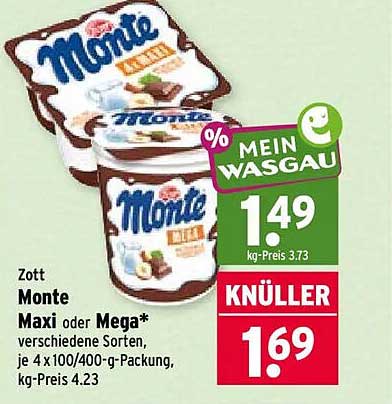 Zott Monte Maxi oder Mega* verschiedene Sorten, je 4 x 100/400-g-Packung, kg-Preis 4.23