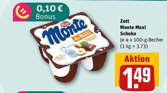 Zott Monte Maxi Schoko, je 4 x 100-g-Becher (1 kg = 3.73)