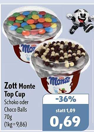 Zott Monte Top Cup Schoko oder Choco Balls 70g (1kg=9,86)