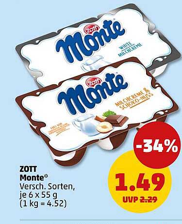 Zott Monte* Versch. Sorten, je 6 x 55 g (1 kg = 4.52)