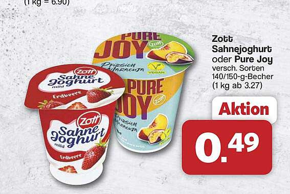 Zott Sahnjoghurt oder Pure Joy versch. Sorten 140/150-g-Becher (1 kg ab 3.27)