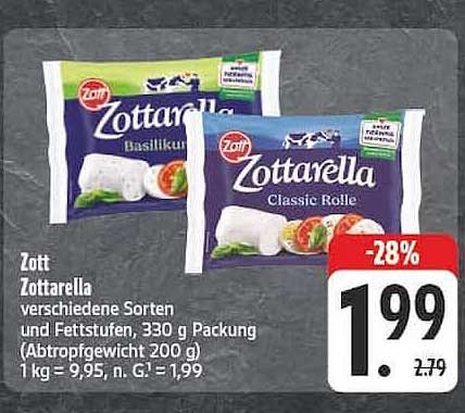 Zott Zottarella verschiedene Sorten und Fettstufen, 330 g Packung (Abtropfgewicht 200 g)