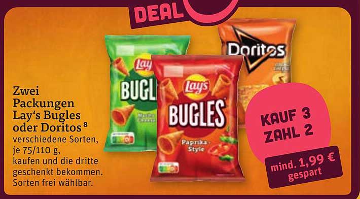 Zwei Packungen Lay’s Bugles oder Doritos⁸ verschiedene Sorten, je 75/110 g, kaufen und die dritte geschenkt bekommen. Sorten frei wählbar.