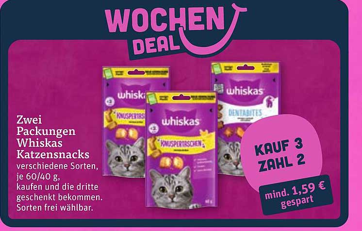 Zwei Packungen Whiskas Katzensnacks verschiedene Sorten, je 60/40 g, kaufen und die dritte geschenkt bekommen. Sorten frei wählbar.