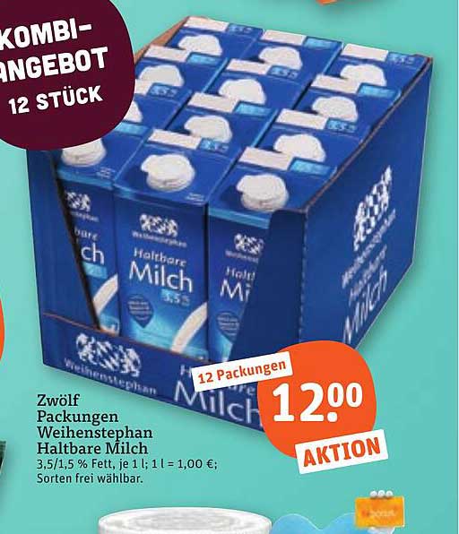 Zwölf Packungen Weihenstephan H-Milch