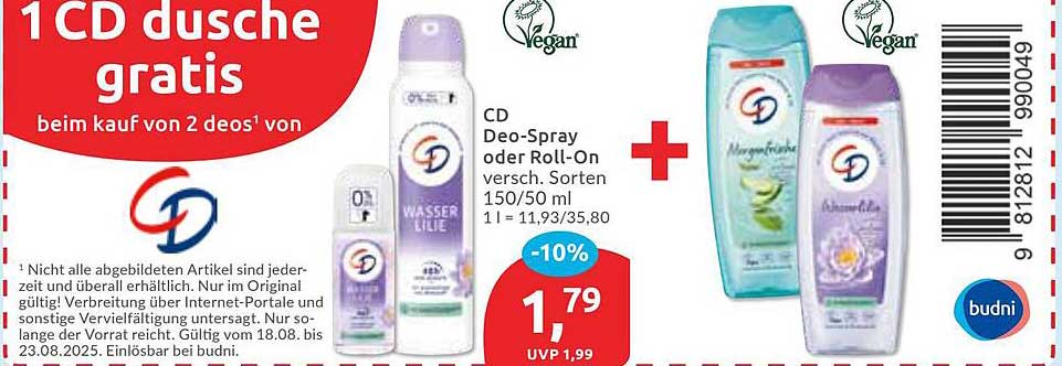 CD Deo-Spray oder Roll-On – 1 CD Dusche gratis beim Kauf von 2 Deos