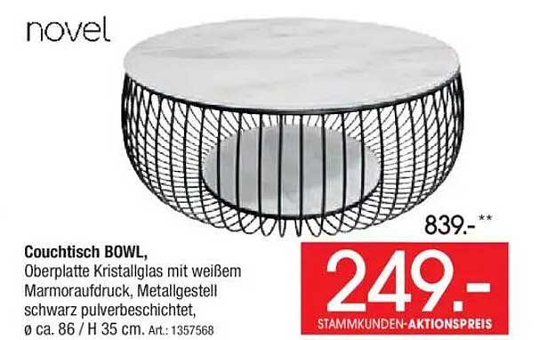 Couchtisch BOWL, Oberplatte Kristallglas mit weißem Marmordruck, Metallgestell schwarz pulverbeschichtet