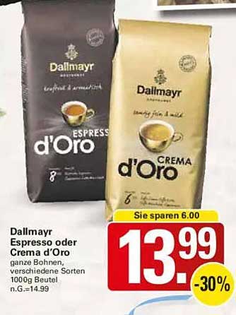 Dallmayr Espresso oder Crema d’Oro 1000g Beutel - 30% Rabatt