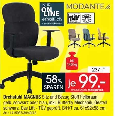Drehstuhl MAGNUS Sitz und Bezug Stoff hellbraun, gelb, schwarz oder blau