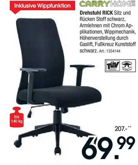 Drehstuhl RICK schwarz mit Wippfunktion und Chromapplikationen