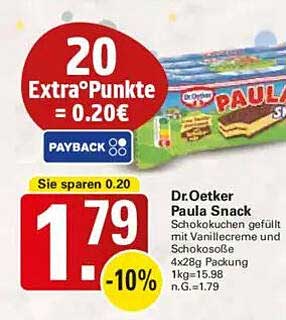 Dr.Oetker Paula Snack Schokoladenkuchen gefüllt mit Vanillecreme und Schokoladensoße 4x28g Packung