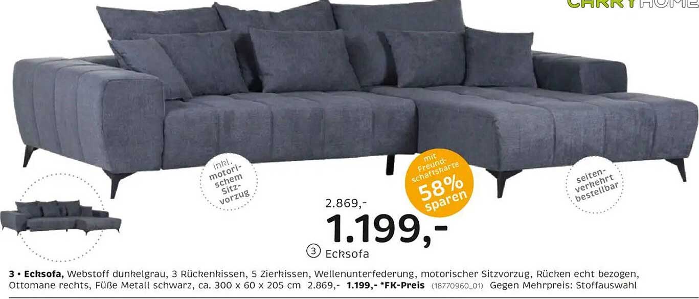 Ecksofa Dunkelgrau mit motorischem Sitzvorge - 58% sparen!