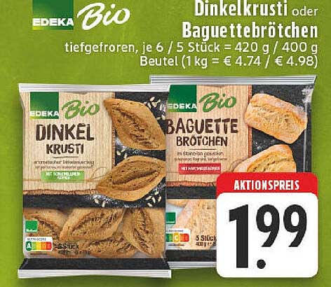 EDEKA Bio Dinkelkrusti oder Baguettebrötchen, tiefgefroren, je 6/5 Stück, 420 g/400 g