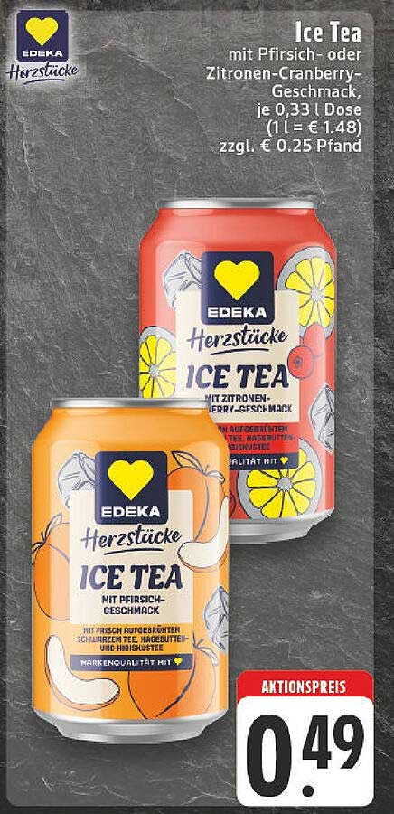 EDEKA Herzstücke Ice Tea mit Pfirsich- und Zitronen-Cranberry-Geschmack