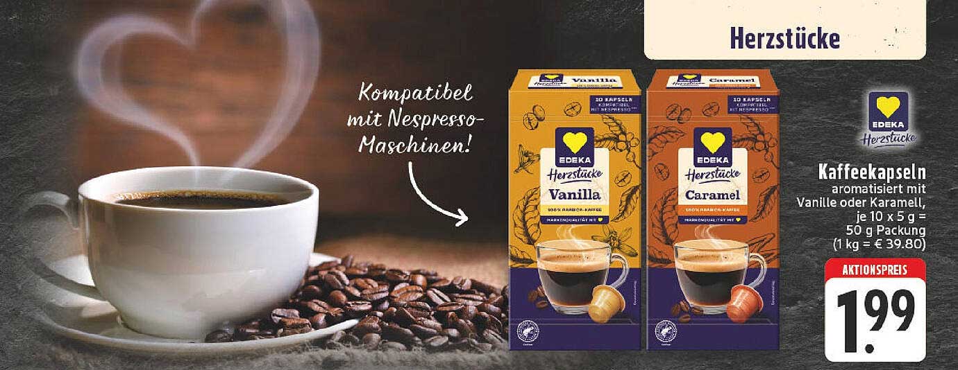 EDEKA Herzstücke Kaffee-Kapseln mit Vanille oder Karamell, 10 x 5 g