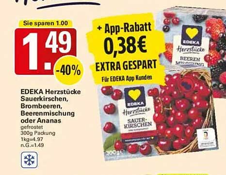 EDEKA HERZSTÜCKE Sauerkirschen, Brombeeren, Beerenmischung oder Ananas 300g