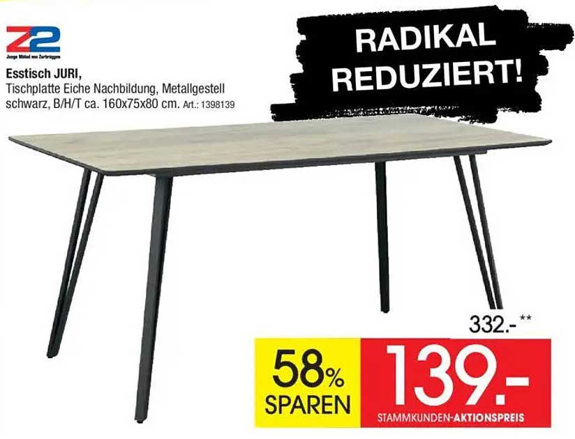 Esstisch JURI, Tischplatte Eiche Nachbildung, Metallgestell schwarz, B/H/T ca. 160x75x80 cm