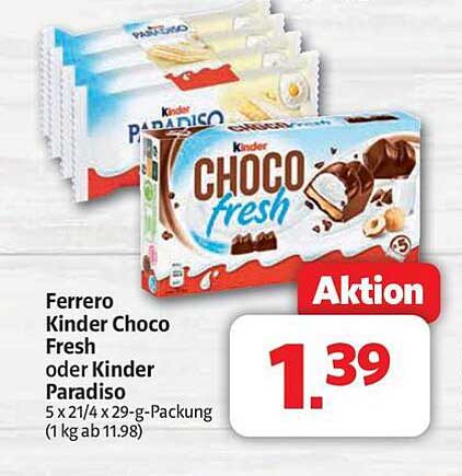 Ferrero Kinder Choco Fresh oder Kinder Paradiso 5er-Pack