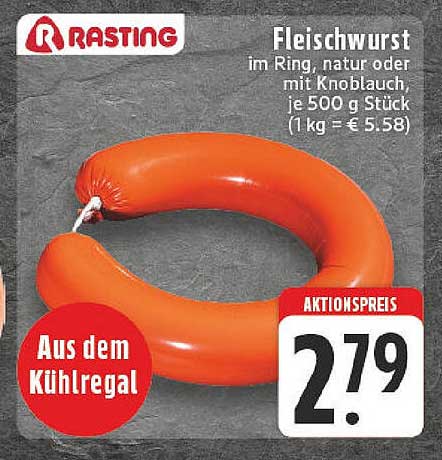 Fleischwurst im Ring, natur oder mit Knoblauch, je 500 g Stück