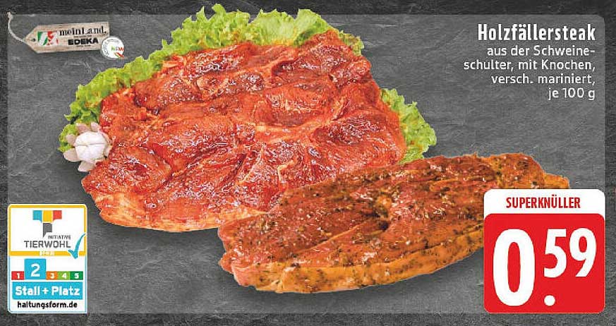 Holzfällersteak aus der Schweineschulter, mit Knochen, versch. mariniert, je 100 g