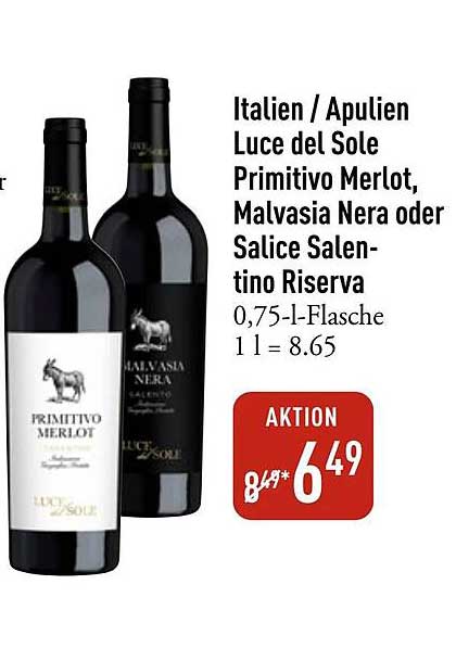 Italien / Apulien Luce del Sole Primitivo Merlot, Malvasia Nera oder Salice Salentino Riserva 0,75-l-Flasche