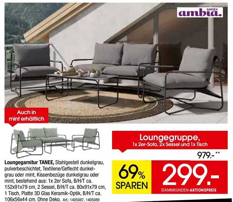 Loungegruppe Tanee – 1x 2er-Sofa, 2x Sessel und 1 Tisch