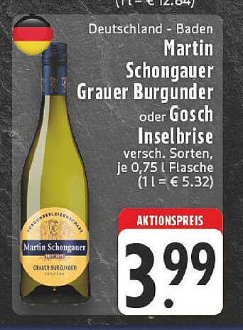 Martin Schongauer Grauer Burgunder oder Gosch Inselbrise 0,75 l Flasche