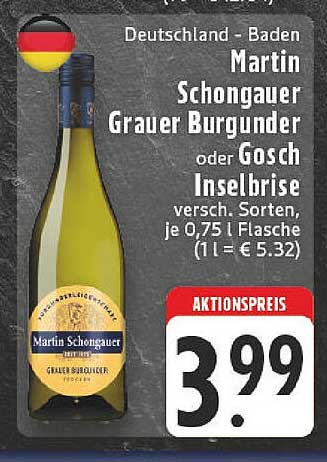 Martin Schongauer Grauer Burgunder oder Gosch Inselbrise, 0,75 l Flasche