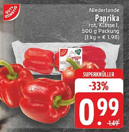 Niederlande Paprika rot, Klasse I, 500 g Packung (1 kg = € 1,98)