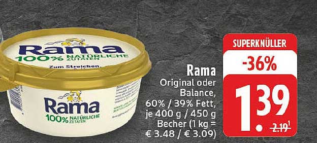 Rama Original oder Balance, 60% / 39% Fett, je 400 g / 450 g Becher