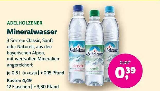 Adelholzener Mineralwasser 0,5l - 3 Sorten: Classic, Sanft oder Naturell