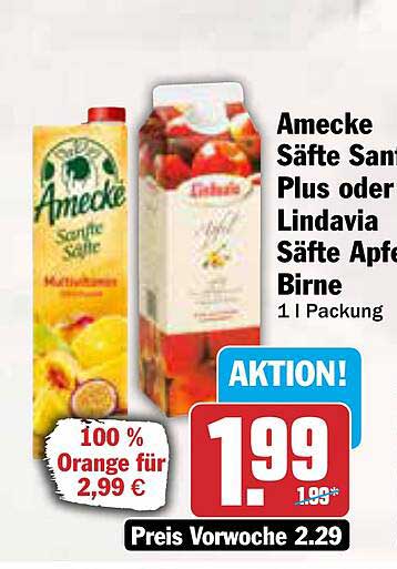 Amecke Säfte Sanddorn Plus oder Lindavia Säfte Apfel Birne 1 l Packung