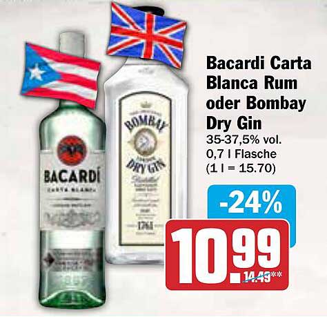 Bacardi Carta Blanca Rum oder Bombay Dry Gin