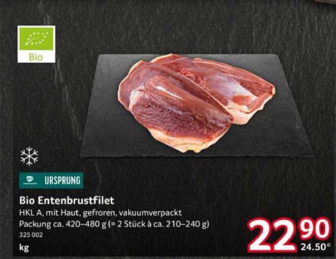 Bio Entenbrustfilet HKL A, mit Haut, gefroren, vakuumverpackt