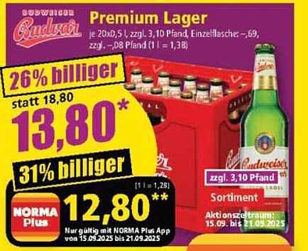 Budweiser Premium Lager - 26% günstiger im Norma-Propekt
