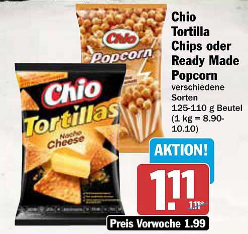 Chio Tortilla Chips oder Ready Made Popcorn – verschiedene Sorten