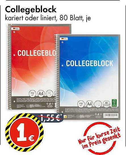Collegeblock kariert oder liniert, 80 Blatt, je