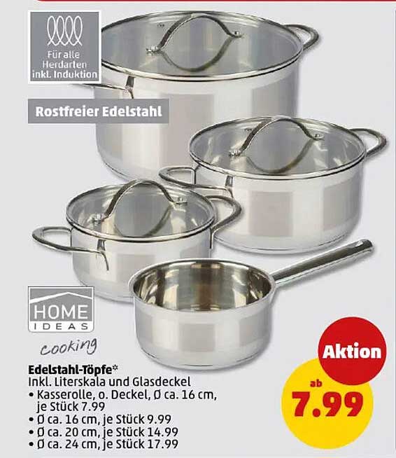 Edelstahl-Töpfe inkl. Literskala und Glasdeckel
