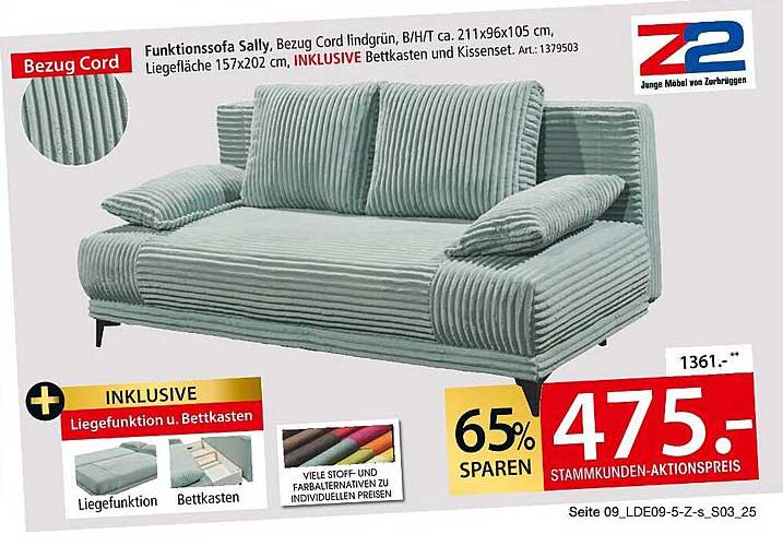 Funktionssofa Sally, Bezug Cord lindgrün, INKLUSIVE Bettkasten und Kissen