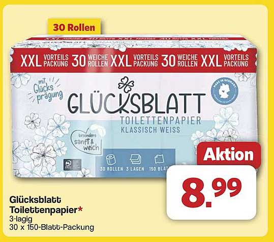 Glücksblatt Toilettenpapier - 30 Rollen, 3-lagig, klassisch weiß