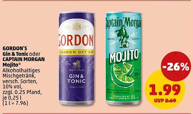Gordon's Gin & Tonic oder Captain Morgan Mojito, 0.25 L