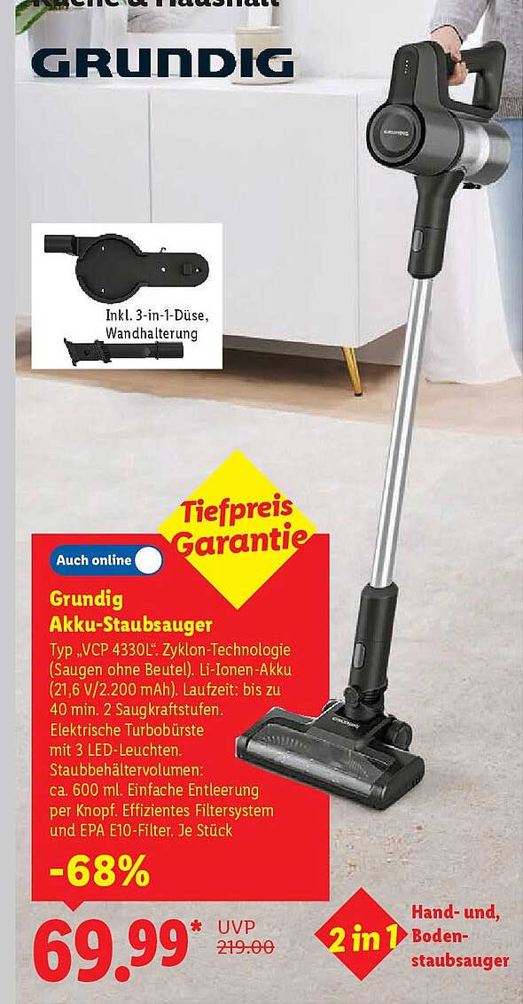 Grundig Akku-Staubsauger Typ VCP 4330L - 2 in 1 mit Tiefpreis-Garantie