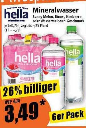 hella Mineralwasser 6er Pack – Sunny Melon, Birne, Himbeere oder Wassermelonen-Geschmack